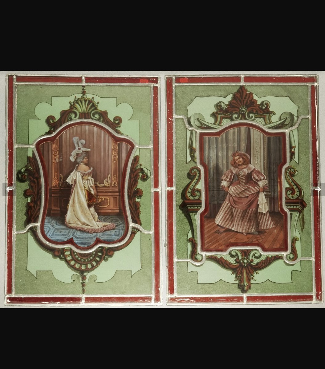 Pair Of Stained-glass Windows Depicting Two Elegant Women, Signed "ae," By Albert Echivard, 1900