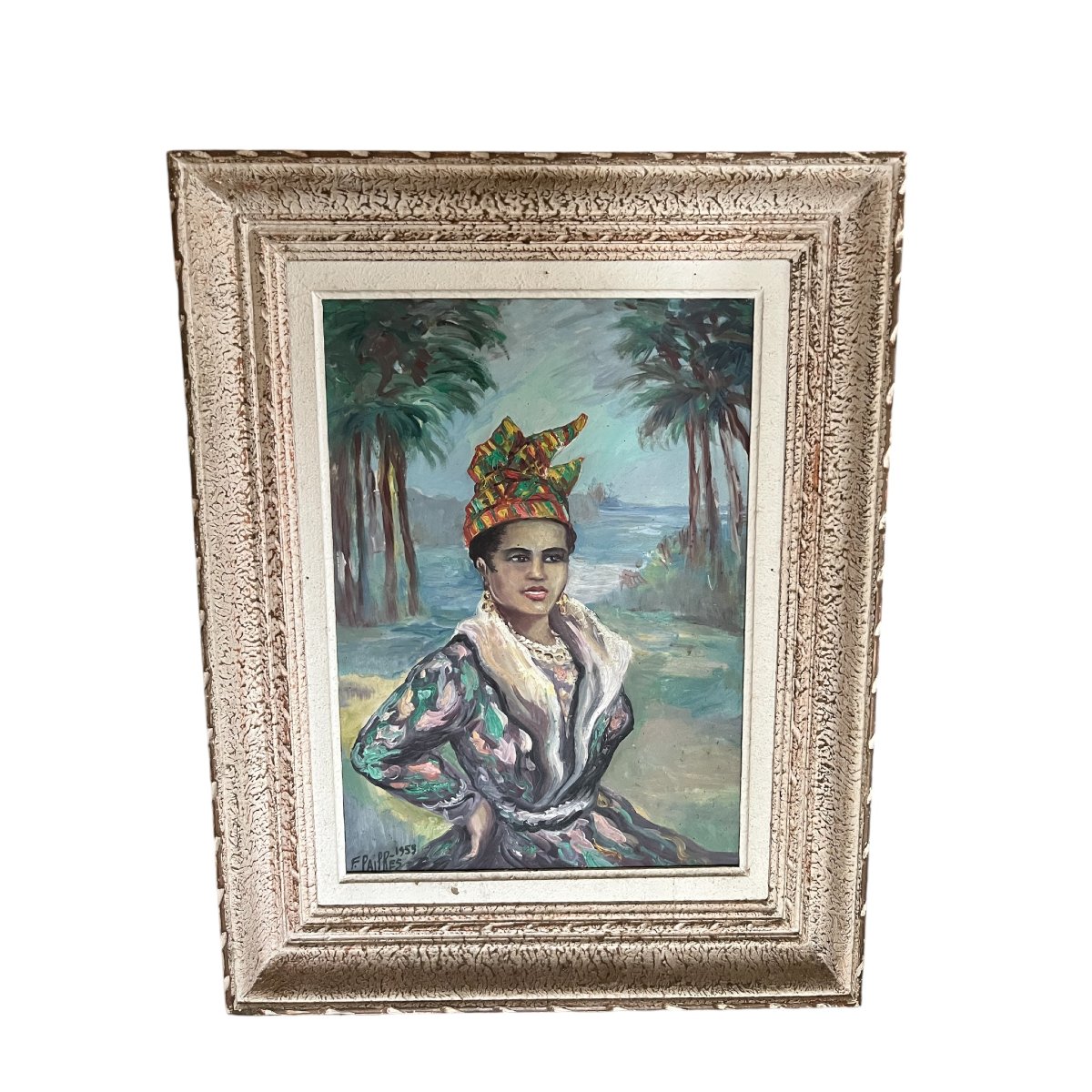 Tableau de Fred Pailhès  huile sur panneau portrait de femme antillaise