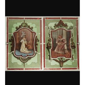Pair Of Stained-glass Windows Depicting Two Elegant Women, Signed "ae," By Albert Echivard, 1900