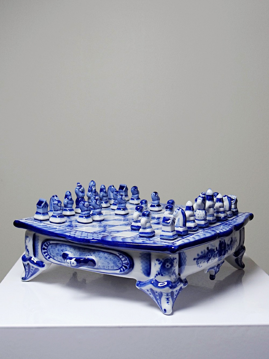 Rare And Unique Gzhel Porcelain Travel Chess Set Signed Yuri Garanin