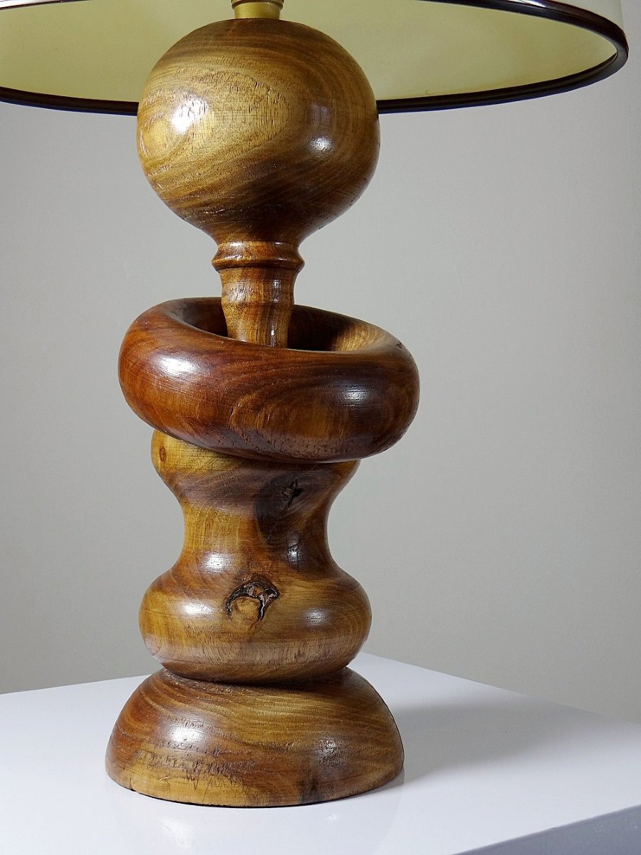 Imposing Vintage Scandinavian Style Lamp, Carved Turned Wood Design With Ring-photo-2