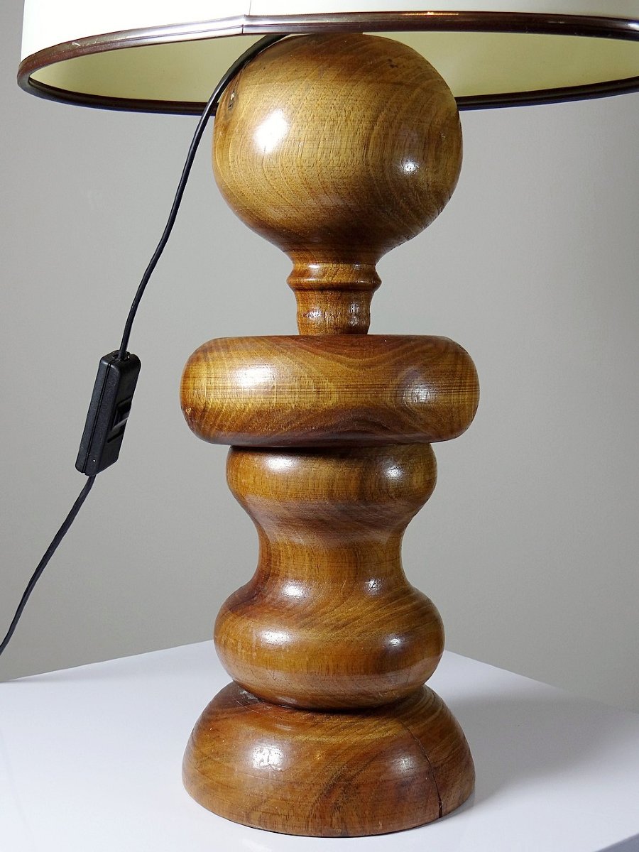 Imposing Vintage Scandinavian Style Lamp, Carved Turned Wood Design With Ring-photo-3