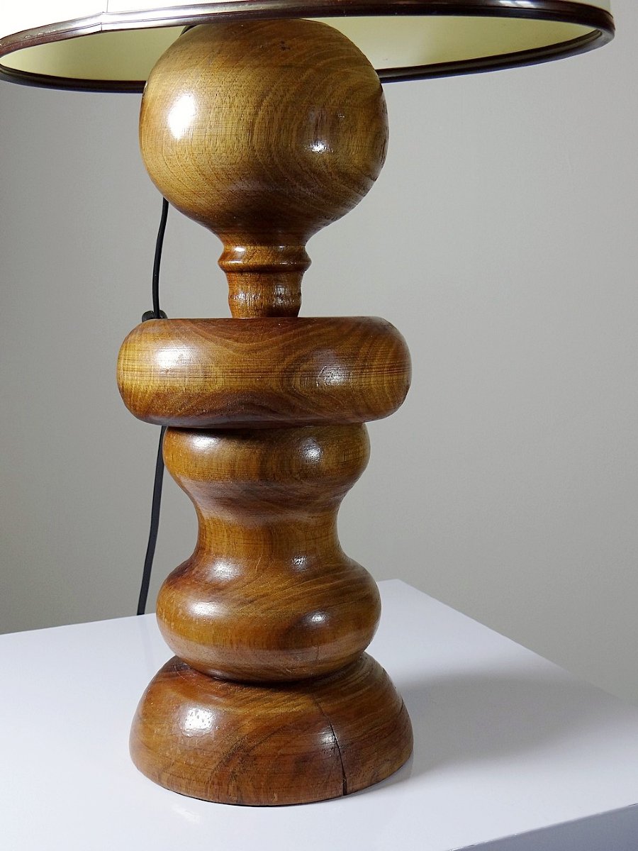 Imposing Vintage Scandinavian Style Lamp, Carved Turned Wood Design With Ring-photo-4