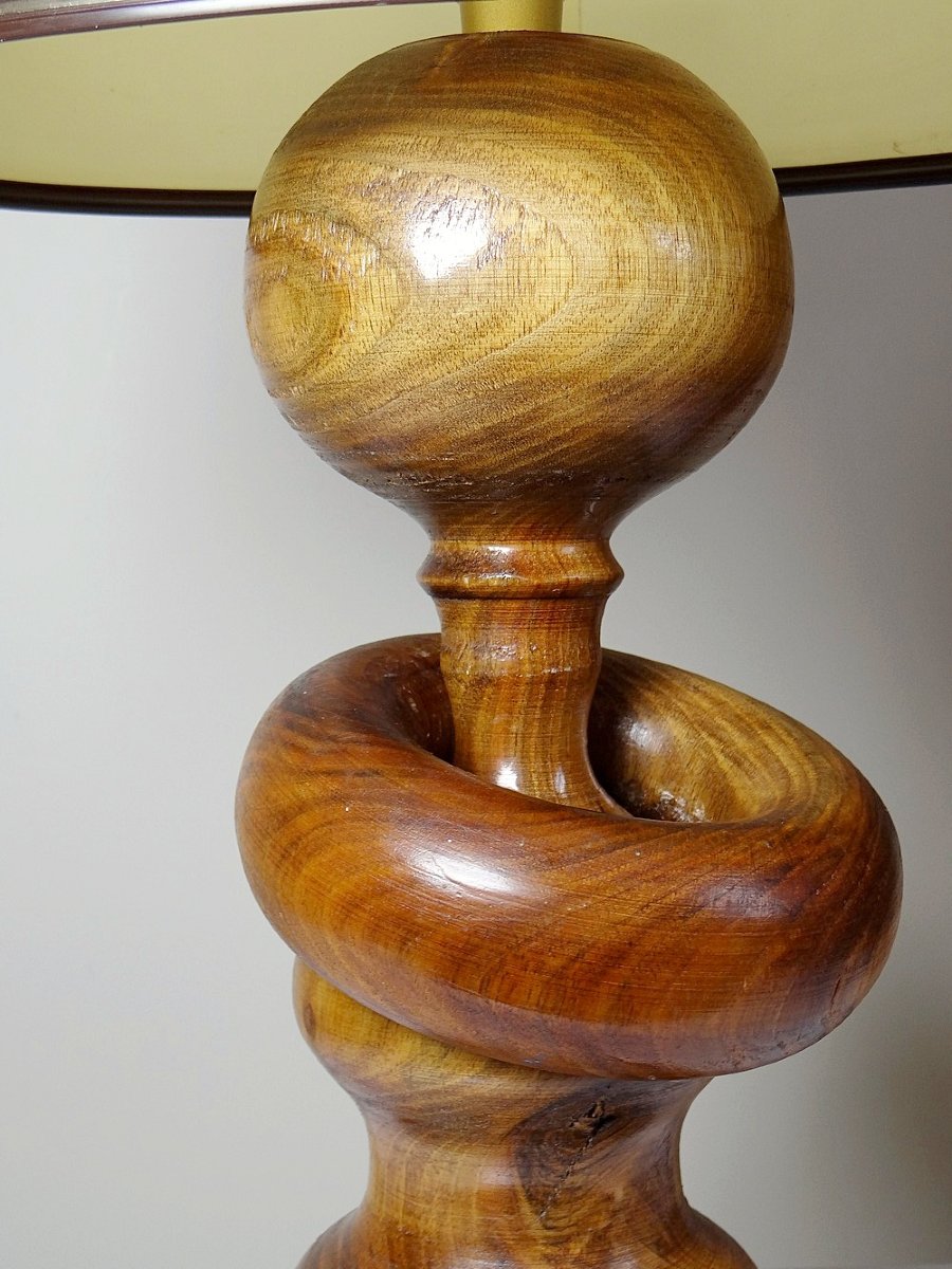 Imposing Vintage Scandinavian Style Lamp, Carved Turned Wood Design With Ring-photo-1