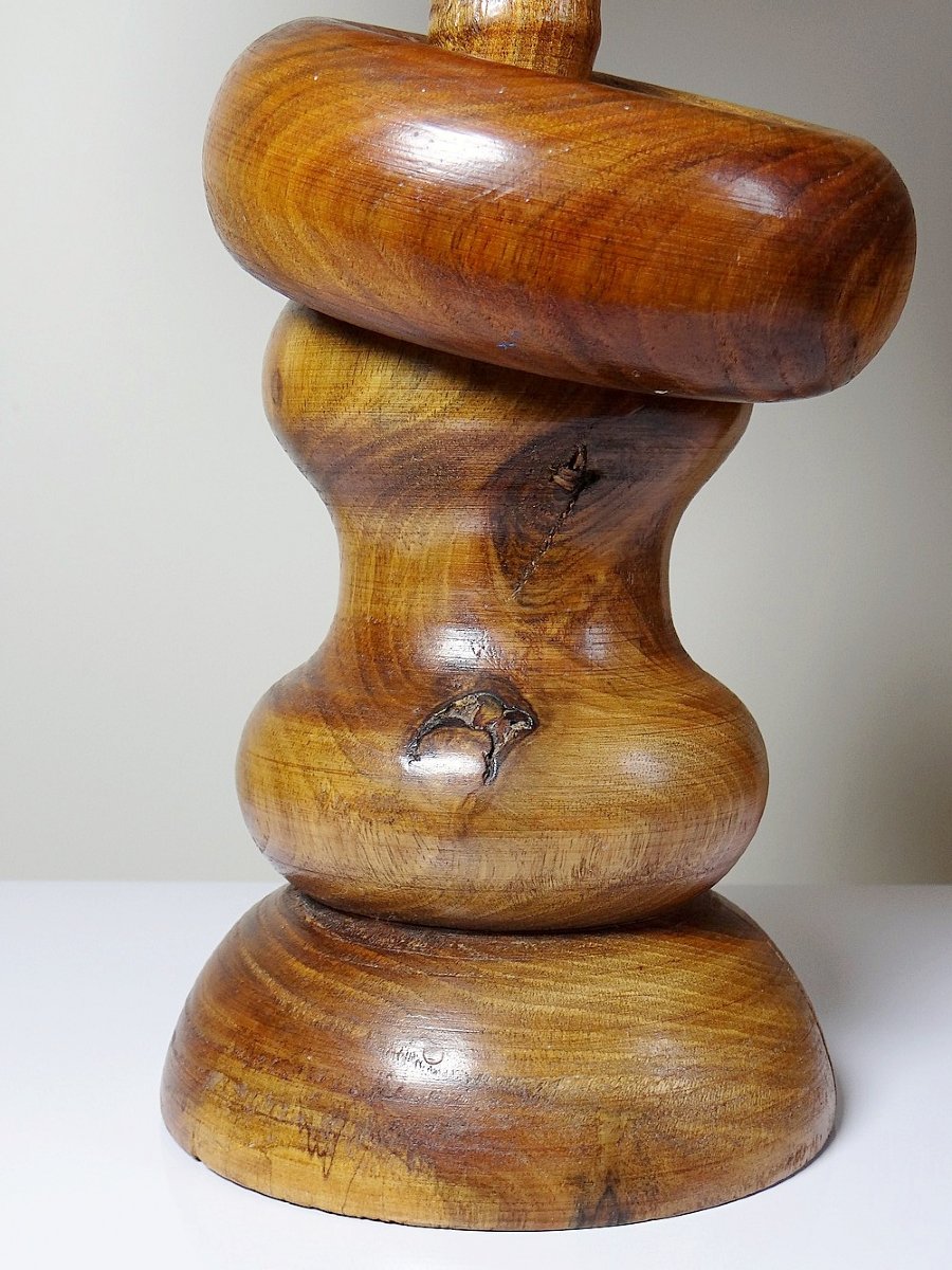 Imposing Vintage Scandinavian Style Lamp, Carved Turned Wood Design With Ring-photo-2