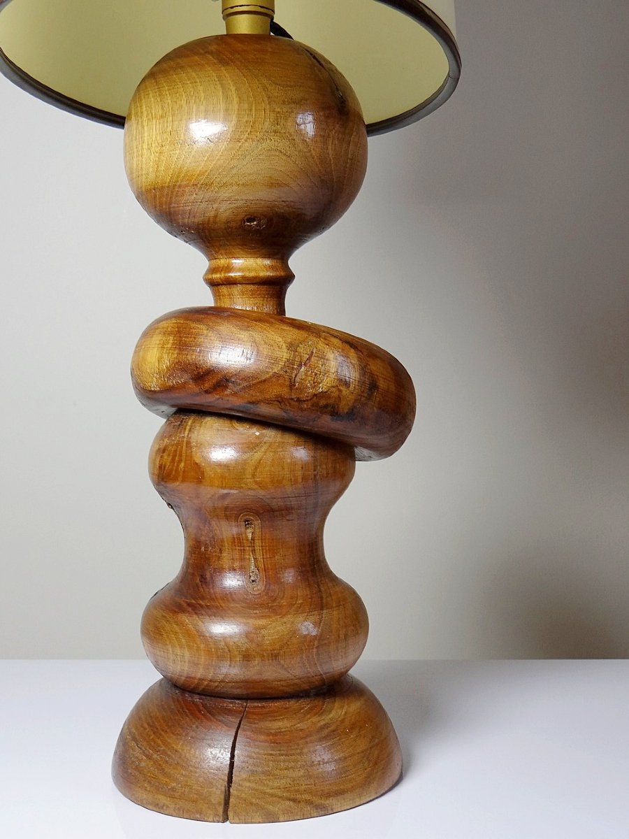 Imposing Vintage Scandinavian Style Lamp, Carved Turned Wood Design With Ring-photo-3