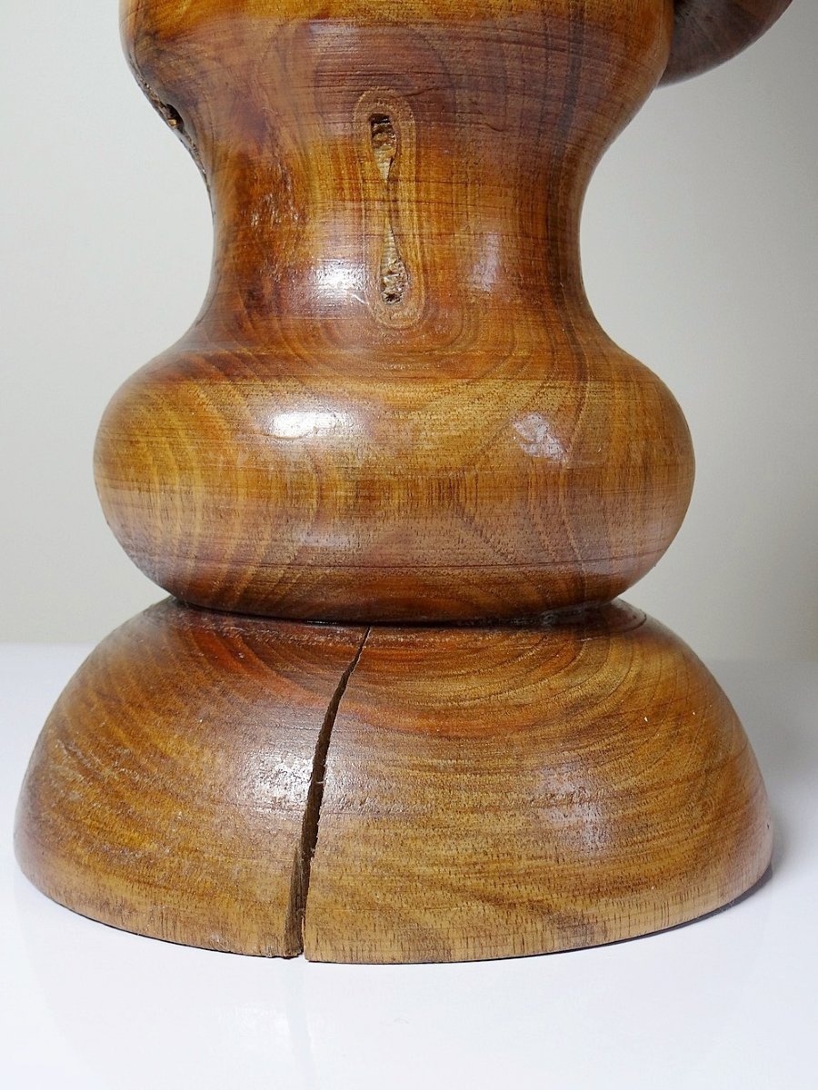 Imposing Vintage Scandinavian Style Lamp, Carved Turned Wood Design With Ring-photo-4