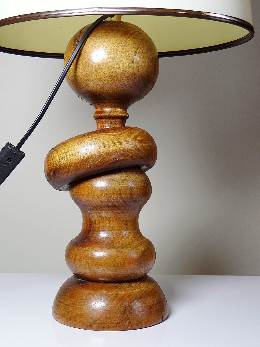 Imposing Vintage Scandinavian Style Lamp, Carved Turned Wood Design With Ring-photo-5