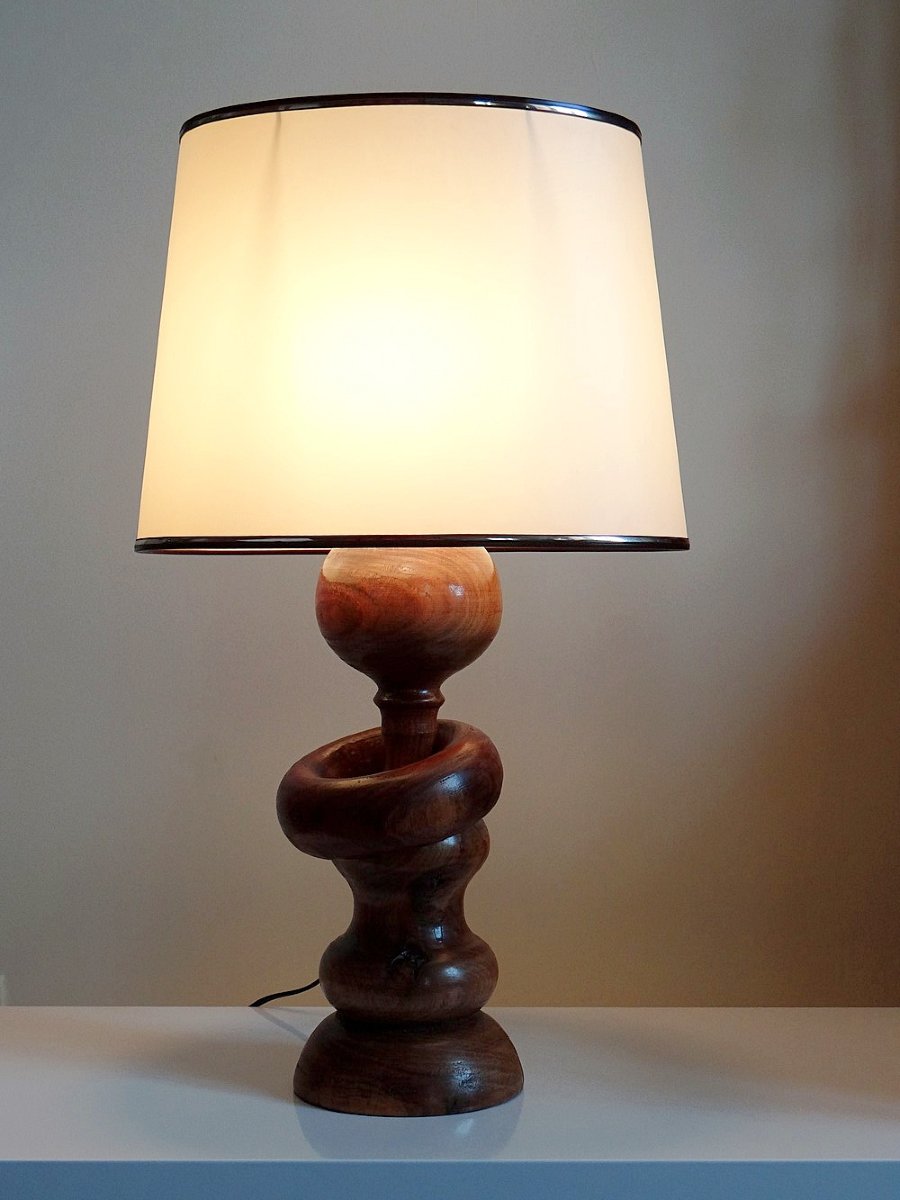 Imposing Vintage Scandinavian Style Lamp, Carved Turned Wood Design With Ring-photo-7
