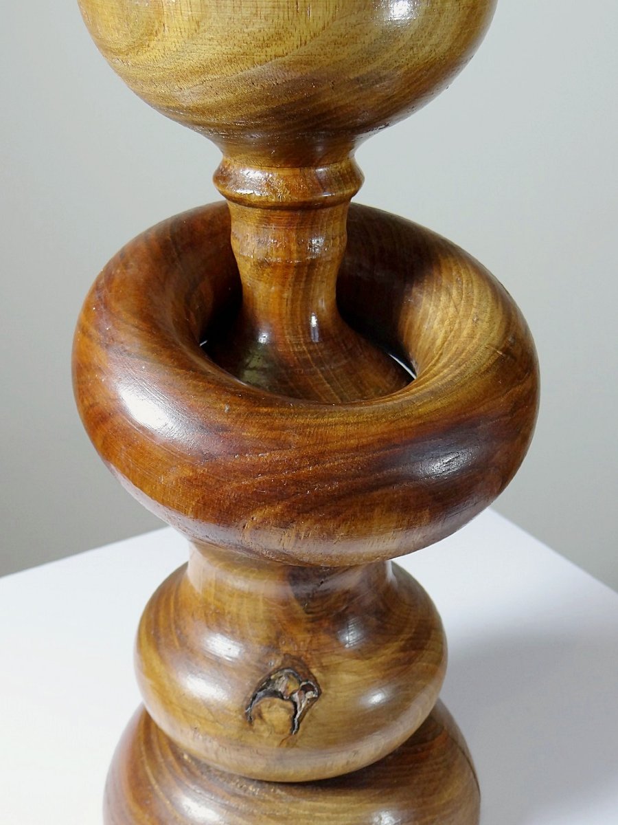 Imposing Vintage Scandinavian Style Lamp, Carved Turned Wood Design With Ring-photo-8