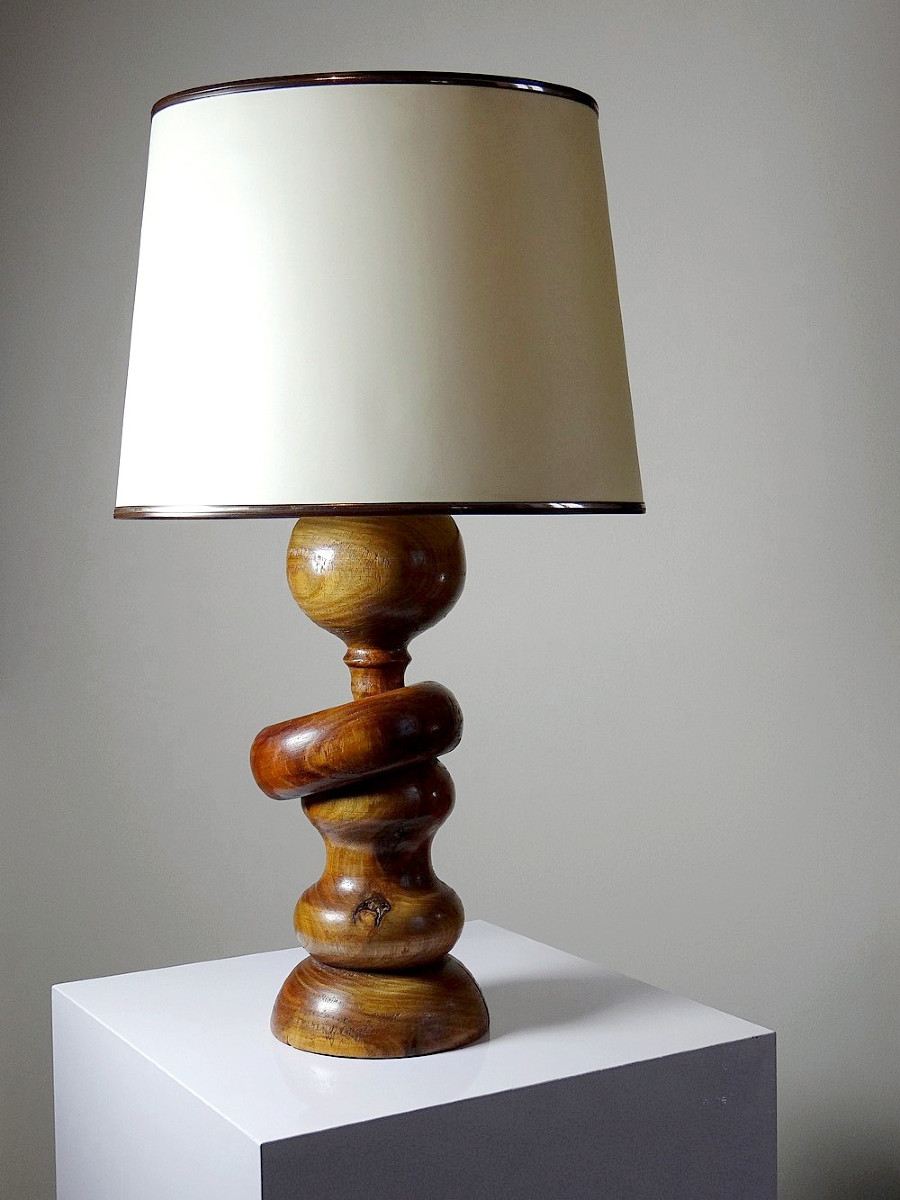Imposing Vintage Scandinavian Style Lamp, Carved Turned Wood Design With Ring