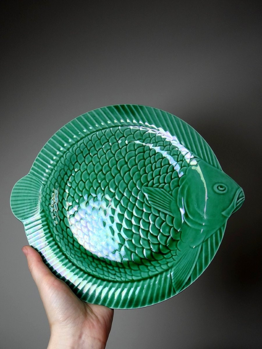 7 Old Flat Plates Of Green Fish Barbotine From Sarreguemines-photo-2