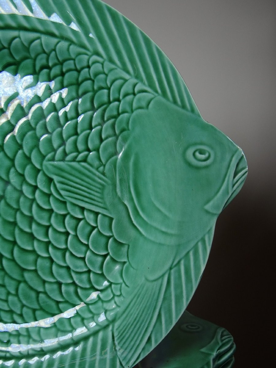 7 Old Flat Plates Of Green Fish Barbotine From Sarreguemines-photo-3