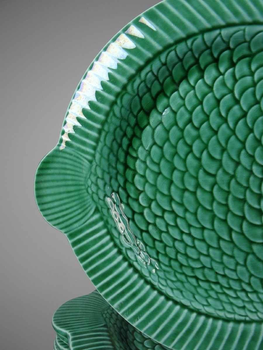 7 Old Flat Plates Of Green Fish Barbotine From Sarreguemines-photo-4