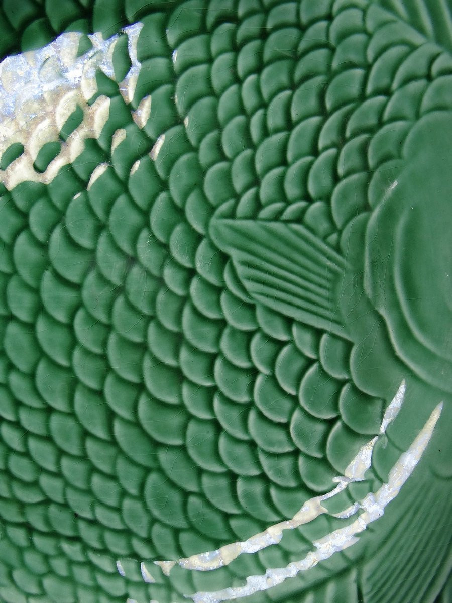 7 Old Flat Plates Of Green Fish Barbotine From Sarreguemines-photo-1