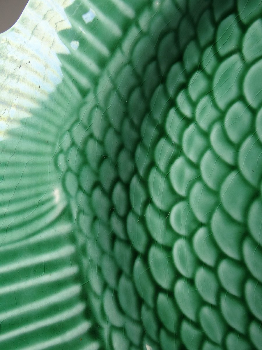 7 Old Flat Plates Of Green Fish Barbotine From Sarreguemines-photo-5