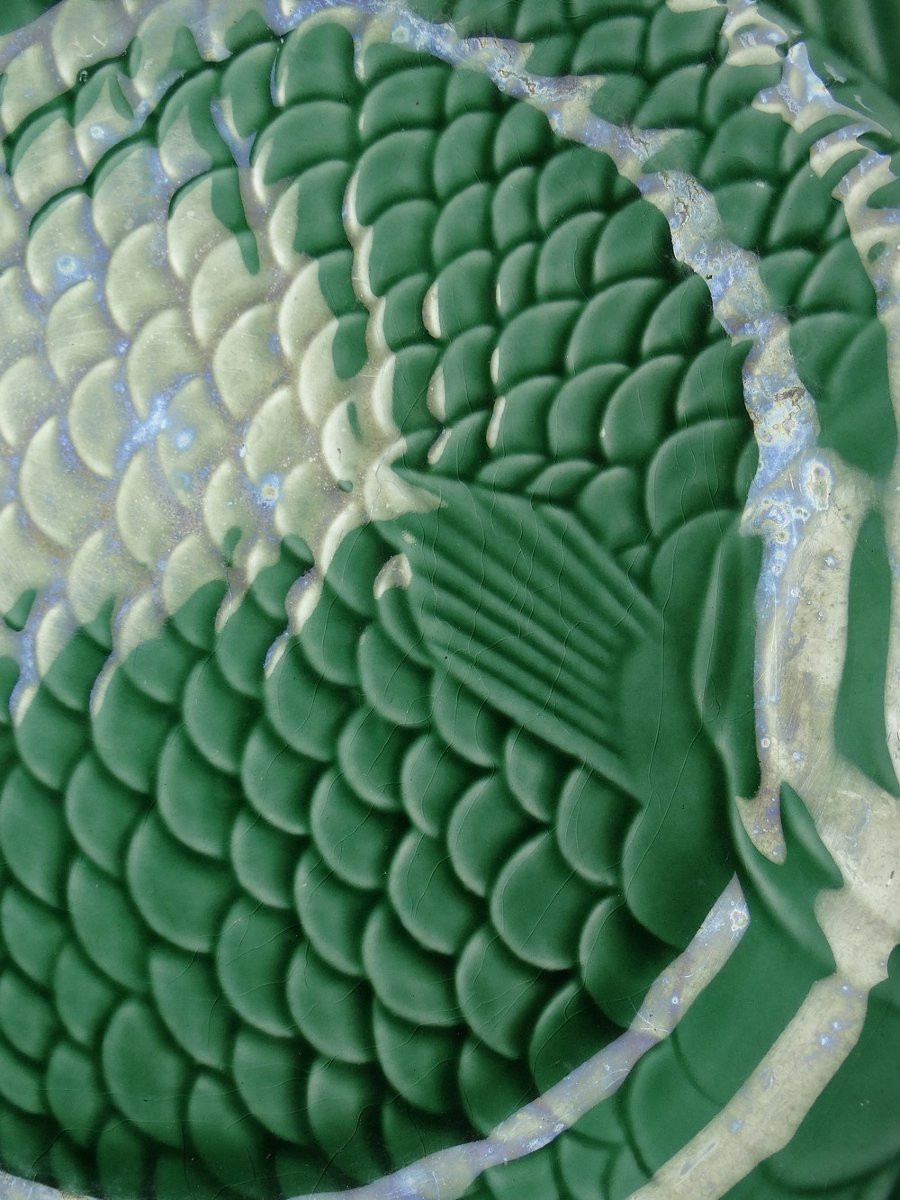 7 Old Flat Plates Of Green Fish Barbotine From Sarreguemines-photo-6