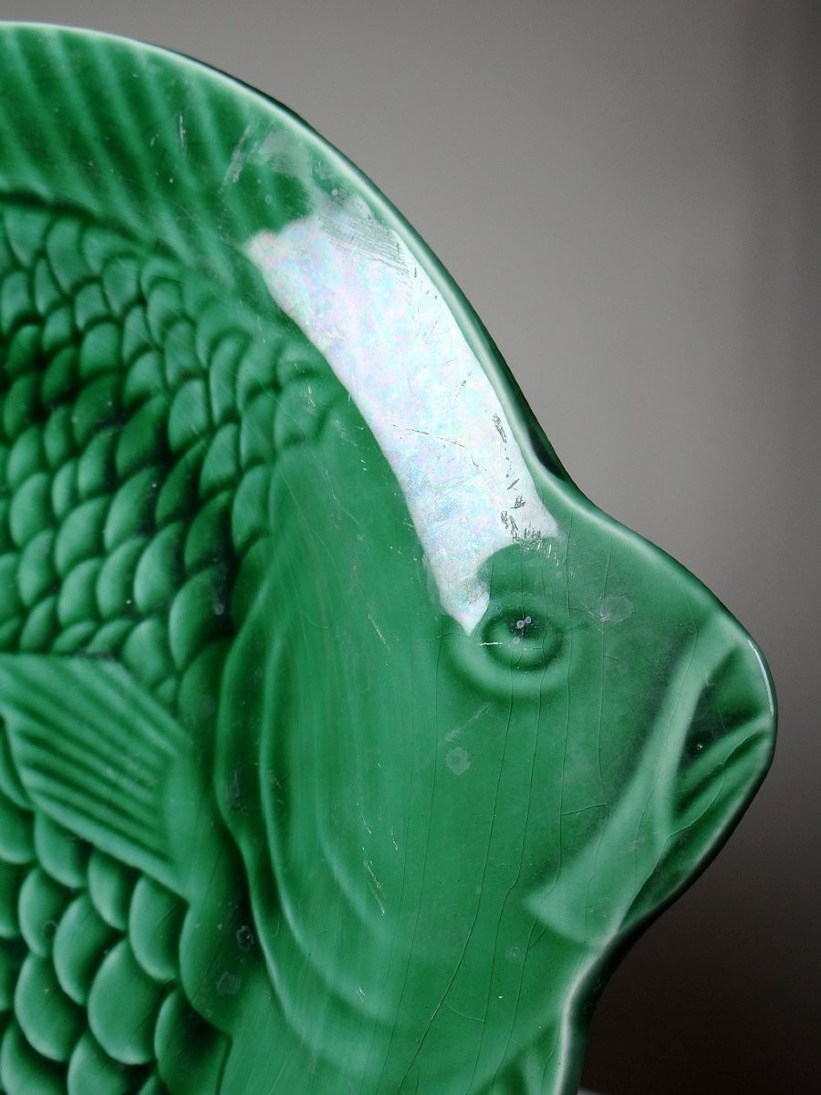 7 Old Flat Plates Of Green Fish Barbotine From Sarreguemines-photo-7