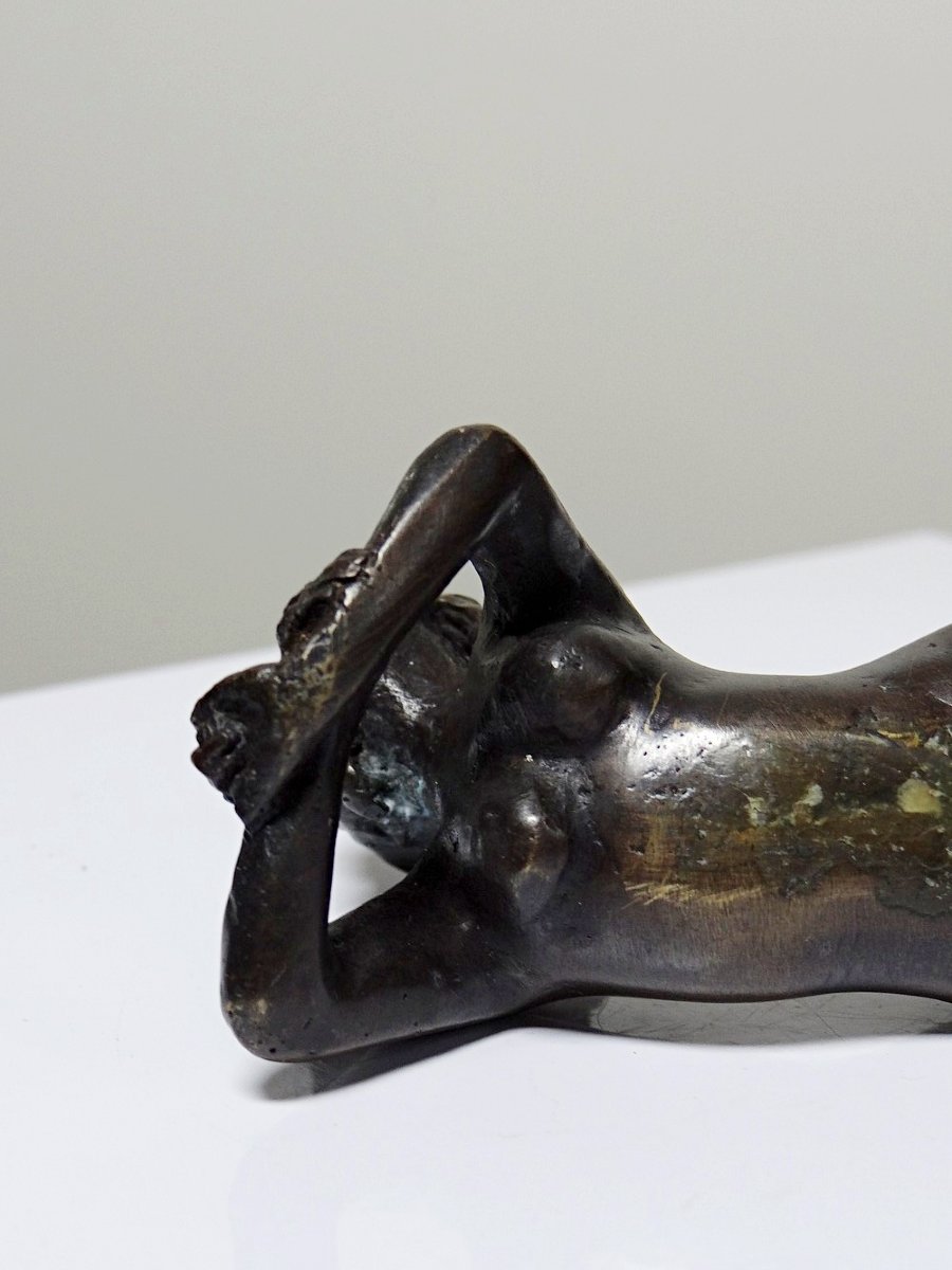 Small Mid-century Bronze, Small Bather, Reclining Nude Woman-photo-1