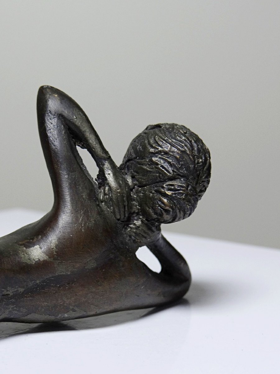 Small Mid-century Bronze, Small Bather, Reclining Nude Woman-photo-5