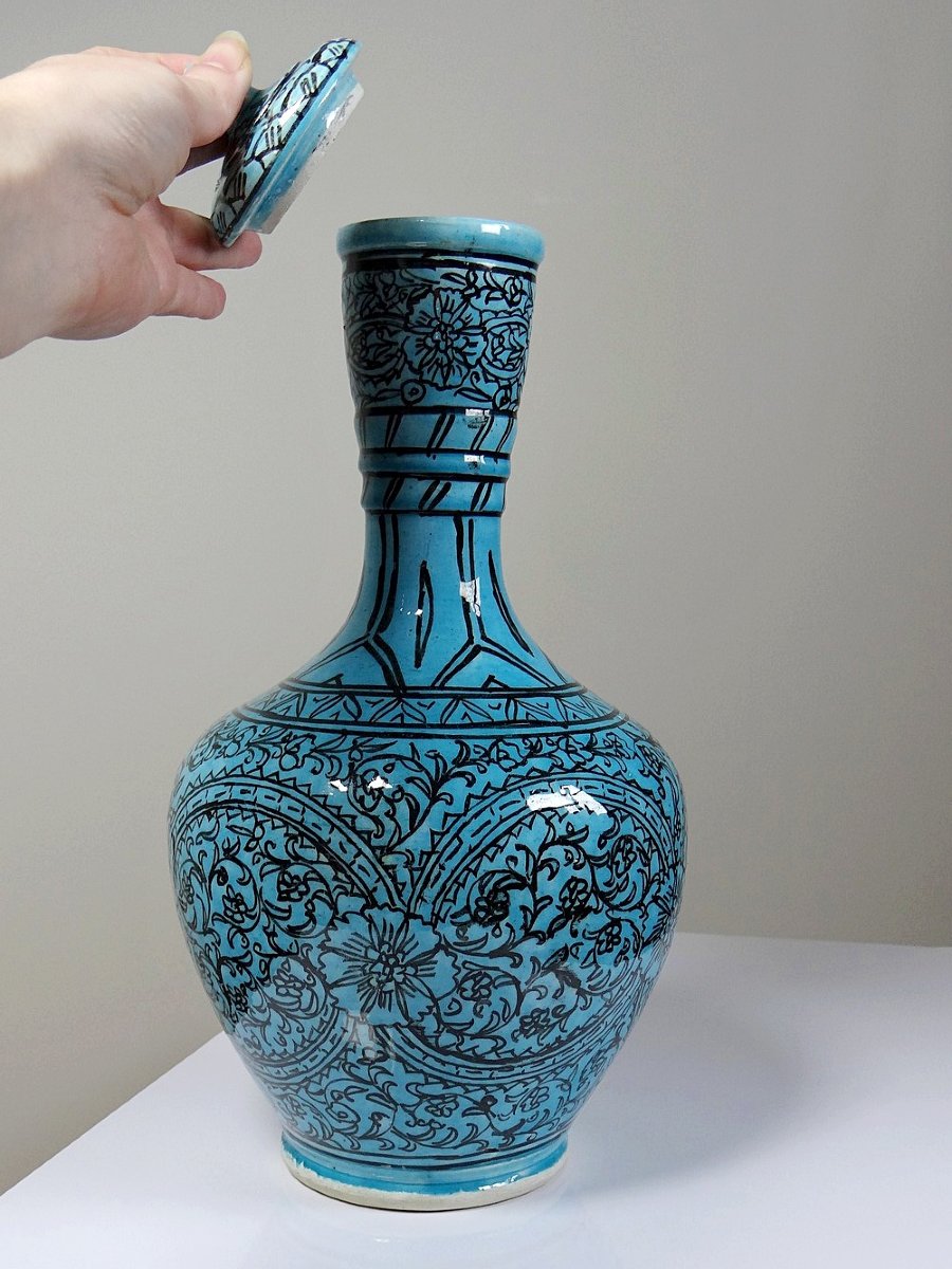 Covered Vase Or Jar Persian Glazed Pottery Iznik Turquoise Painted Vintage-photo-4