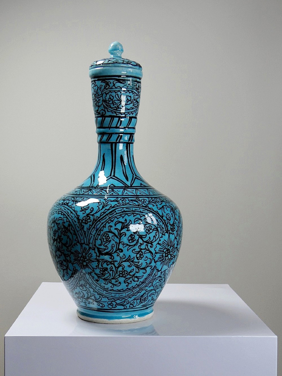 Covered Vase Or Jar Persian Glazed Pottery Iznik Turquoise Painted Vintage