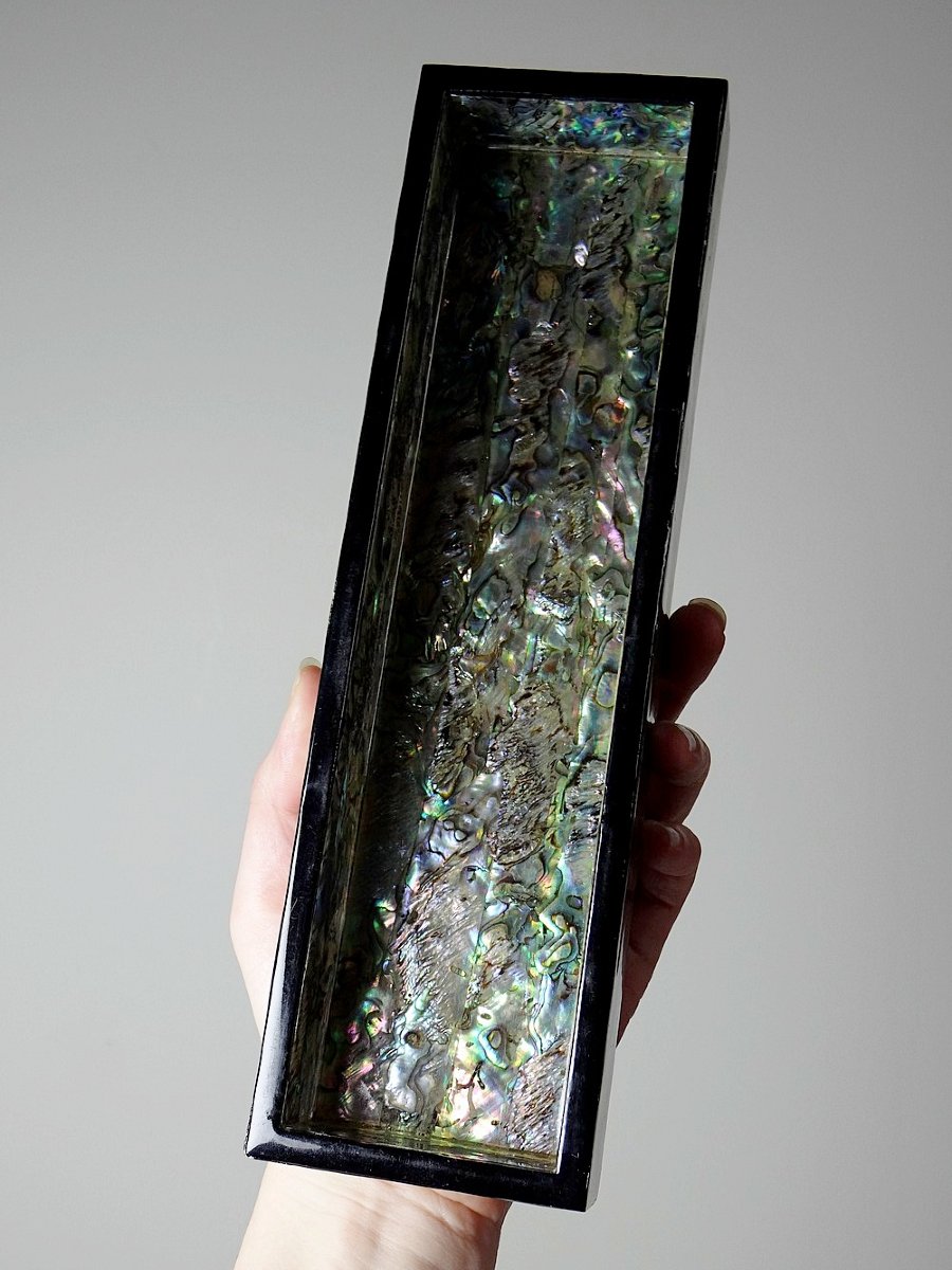 Vintage/antique Lacquered Wood Pencil Case With Abalone Mother-of-pearl Marquetry-photo-6