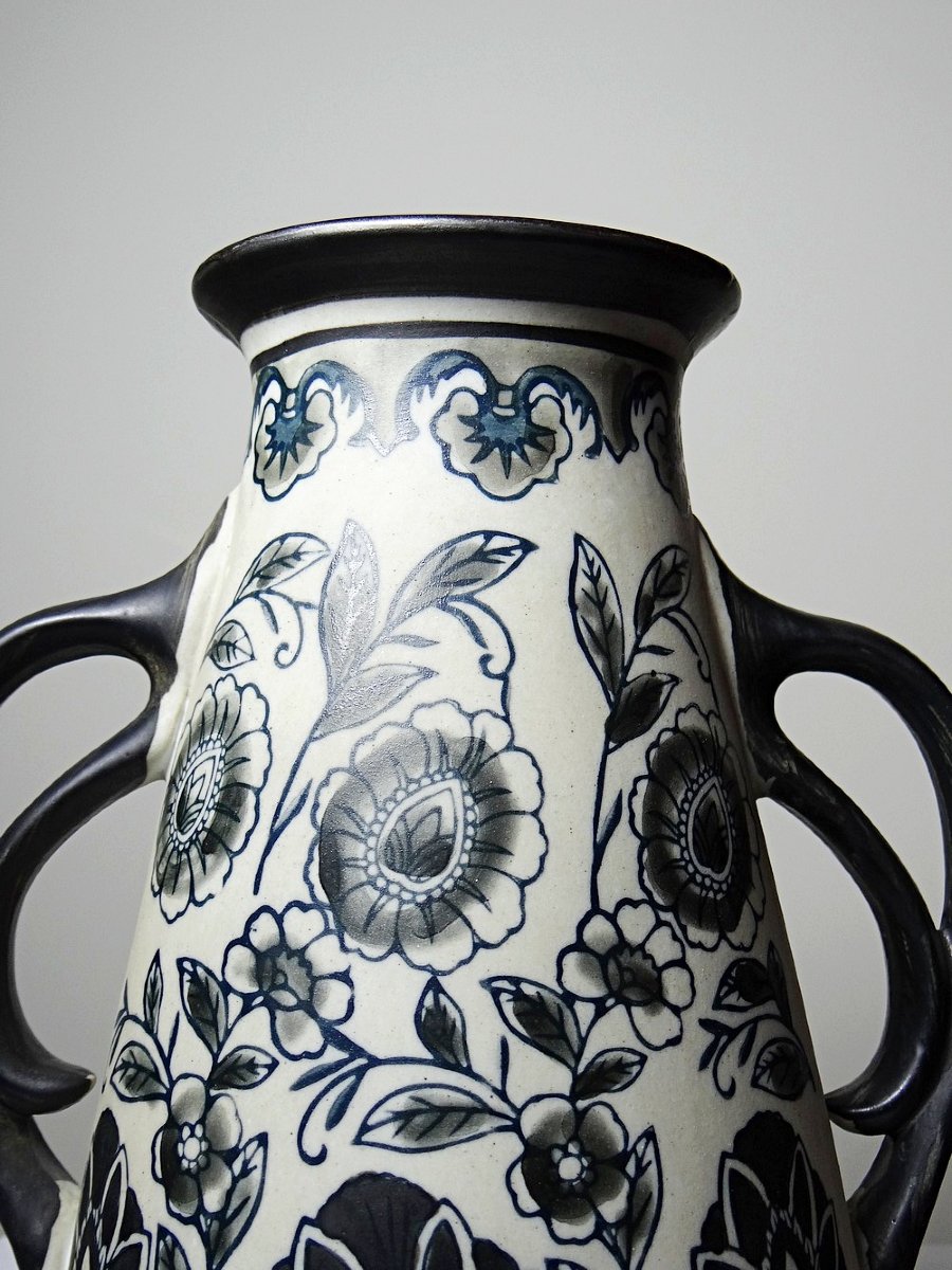 Antique 1920-40 Stoneware Vase, Art Deco/nouveau & Chinoiserie Style-photo-2
