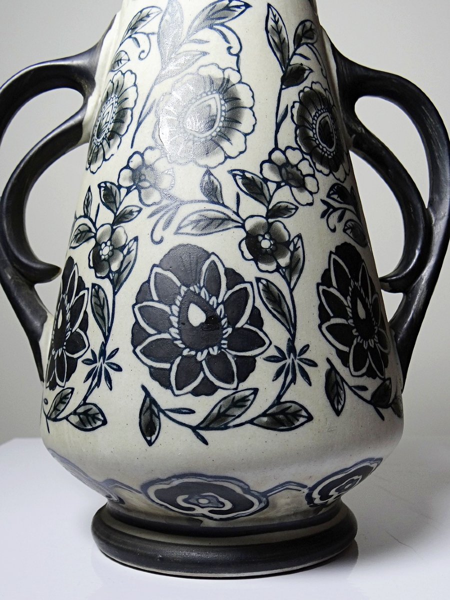 Antique 1920-40 Stoneware Vase, Art Deco/nouveau & Chinoiserie Style-photo-3