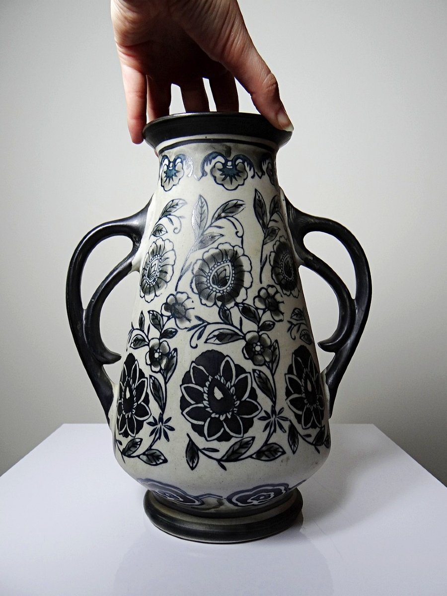 Antique 1920-40 Stoneware Vase, Art Deco/nouveau & Chinoiserie Style-photo-4