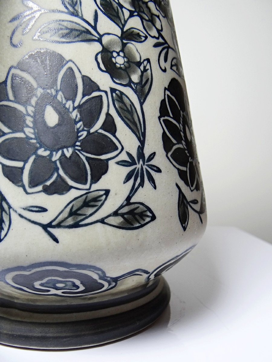 Antique 1920-40 Stoneware Vase, Art Deco/nouveau & Chinoiserie Style-photo-7