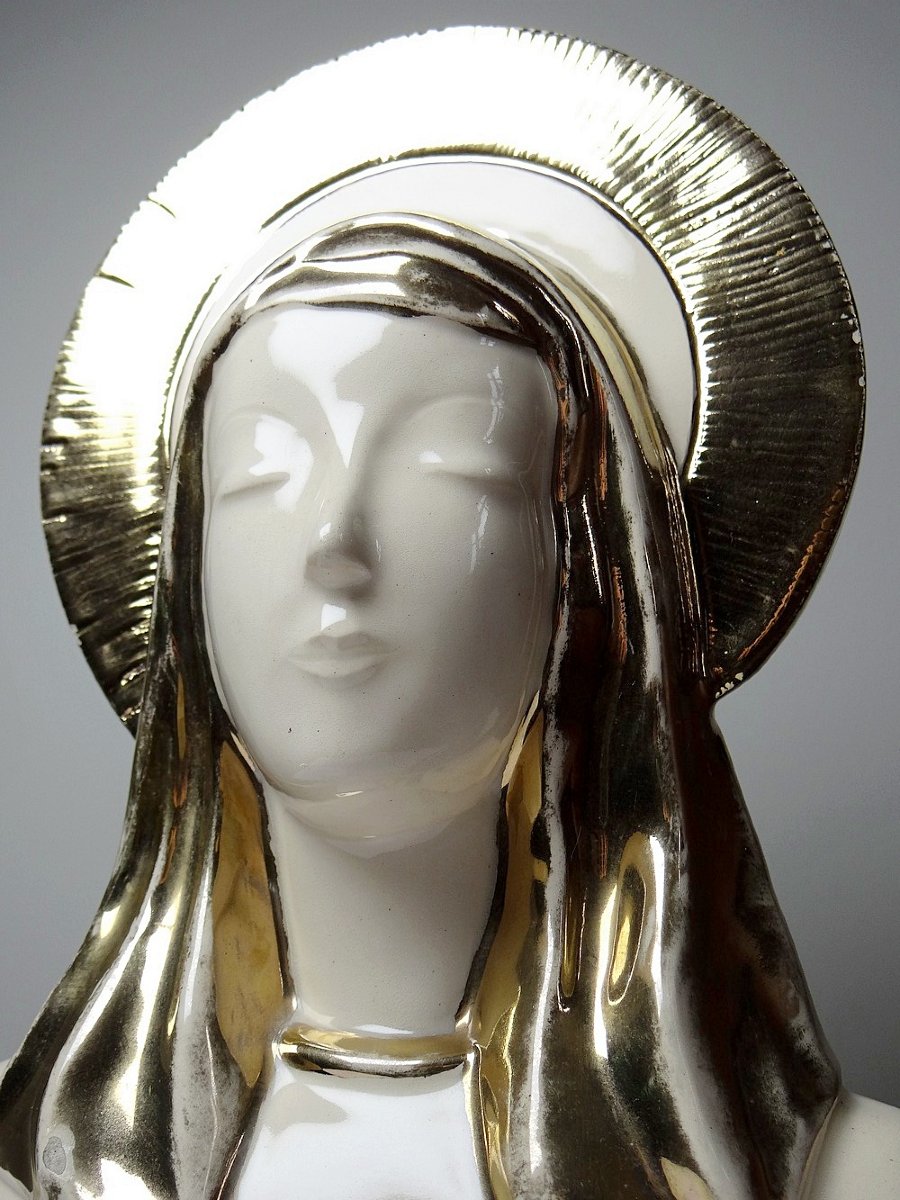 Bust Of The Virgin With Halo, Glazed Ceramic, Vintage/antique Craftsmanship-photo-2