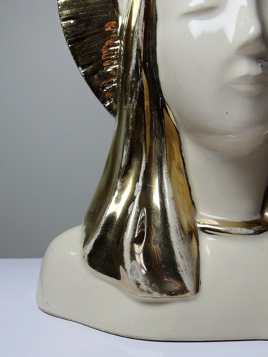 Bust Of The Virgin With Halo, Glazed Ceramic, Vintage/antique Craftsmanship-photo-1