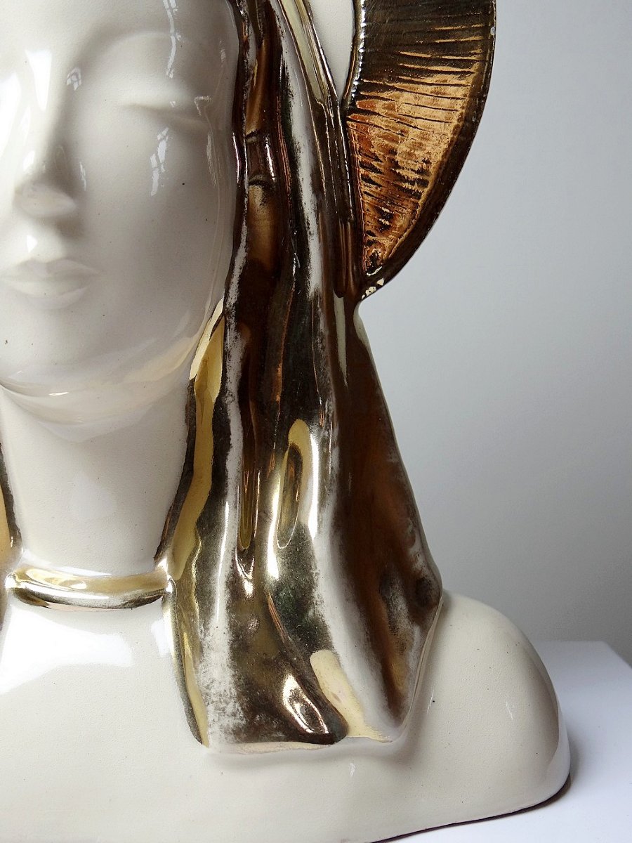 Bust Of The Virgin With Halo, Glazed Ceramic, Vintage/antique Craftsmanship-photo-2