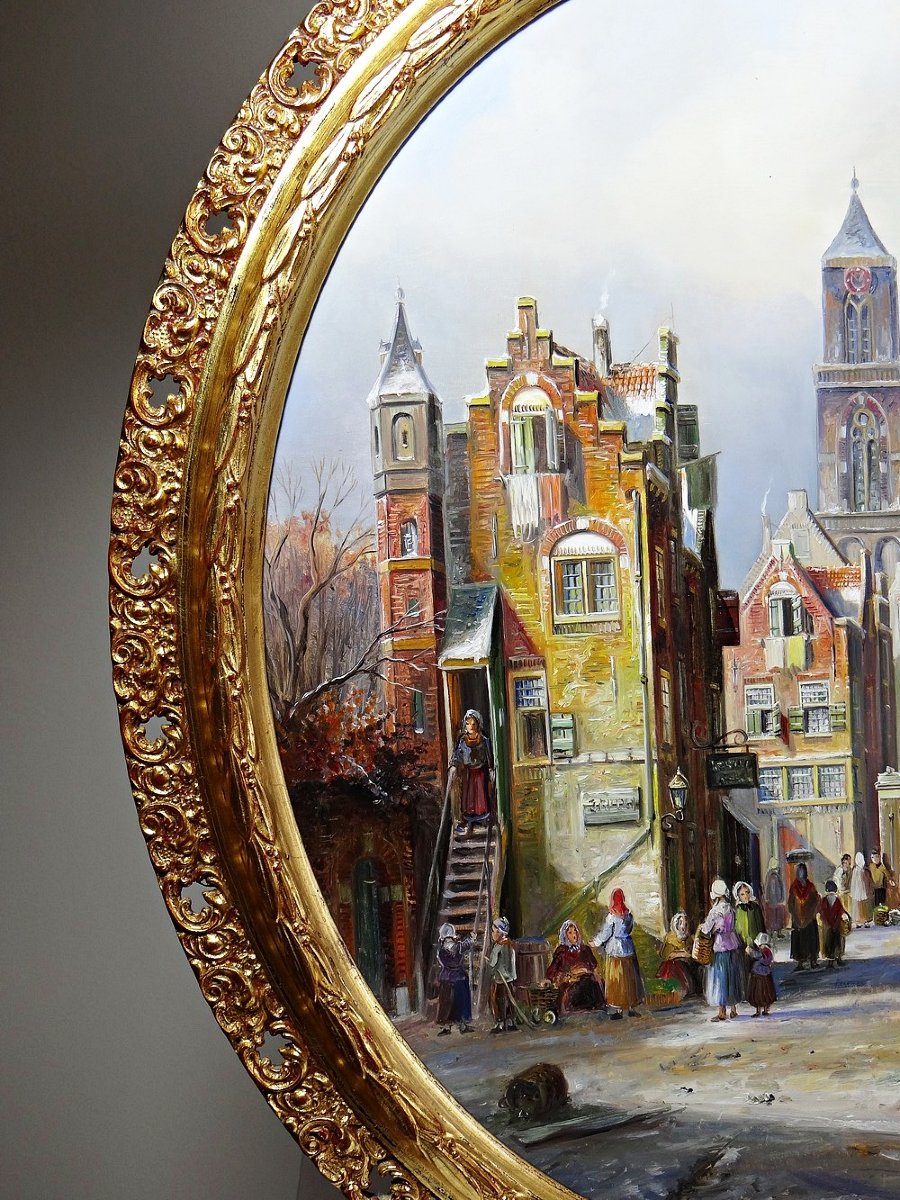 Large Urban Scene Oil On Wood Framed Painting John Haanstra Vintage-photo-2