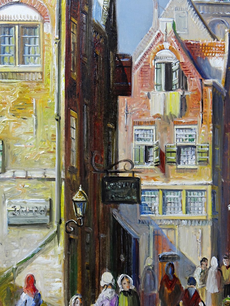 Large Urban Scene Oil On Wood Framed Painting John Haanstra Vintage-photo-1