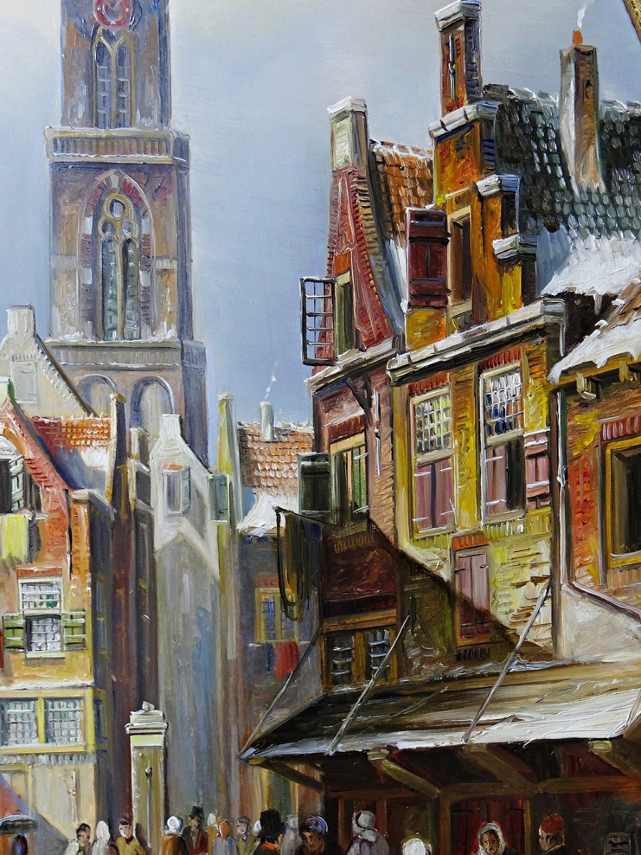 Large Urban Scene Oil On Wood Framed Painting John Haanstra Vintage-photo-4