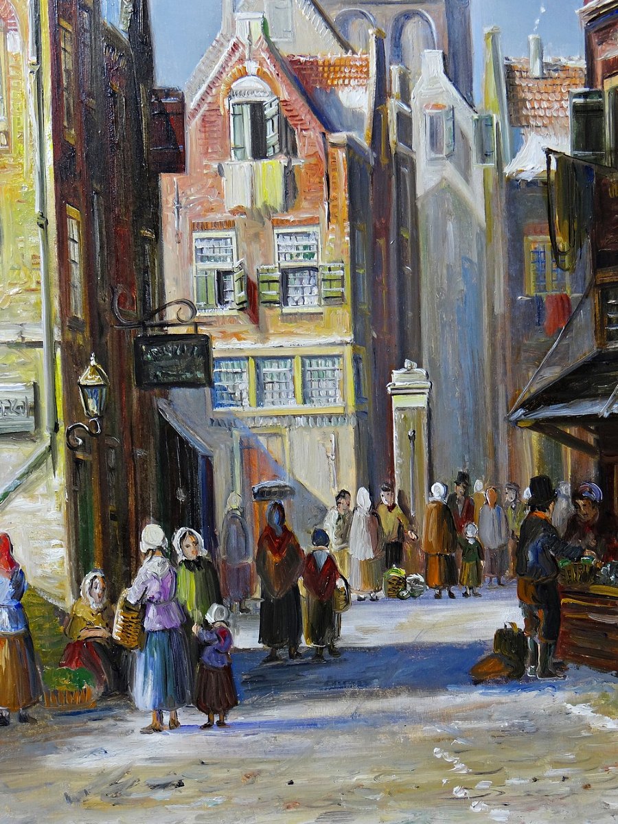 Large Urban Scene Oil On Wood Framed Painting John Haanstra Vintage-photo-5