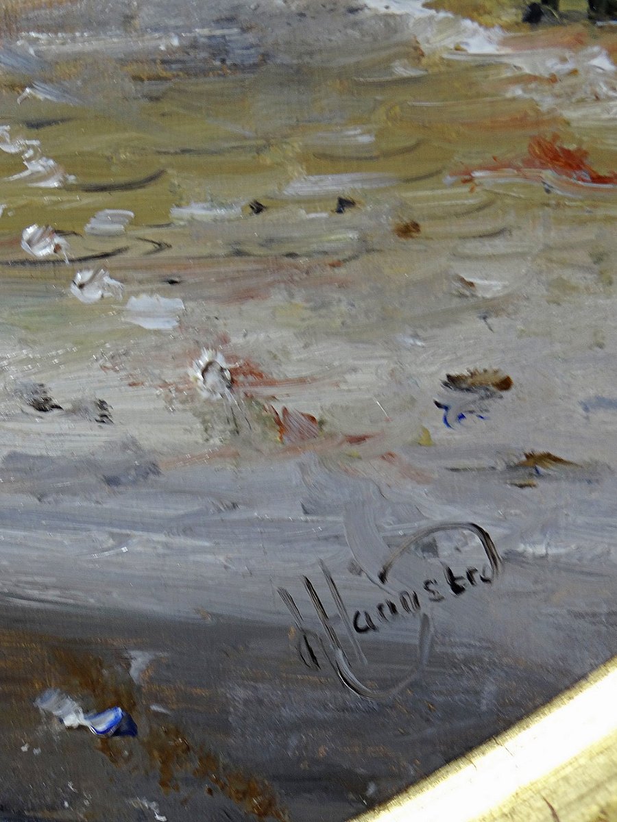 Large Urban Scene Oil On Wood Framed Painting John Haanstra Vintage-photo-6