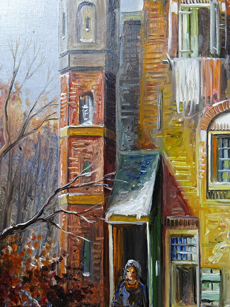 Large Urban Scene Oil On Wood Framed Painting John Haanstra Vintage-photo-7