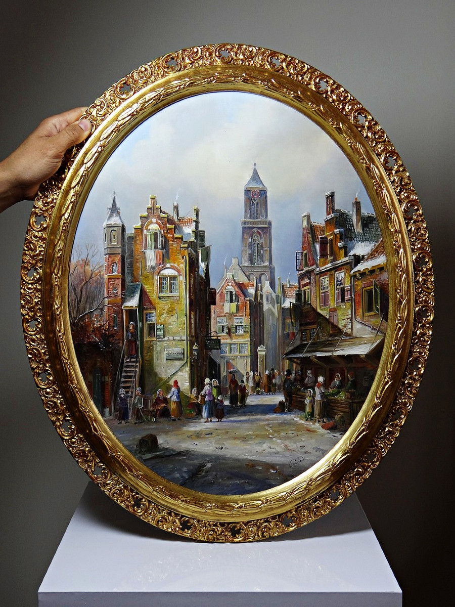 Large Urban Scene Oil On Wood Framed Painting John Haanstra Vintage