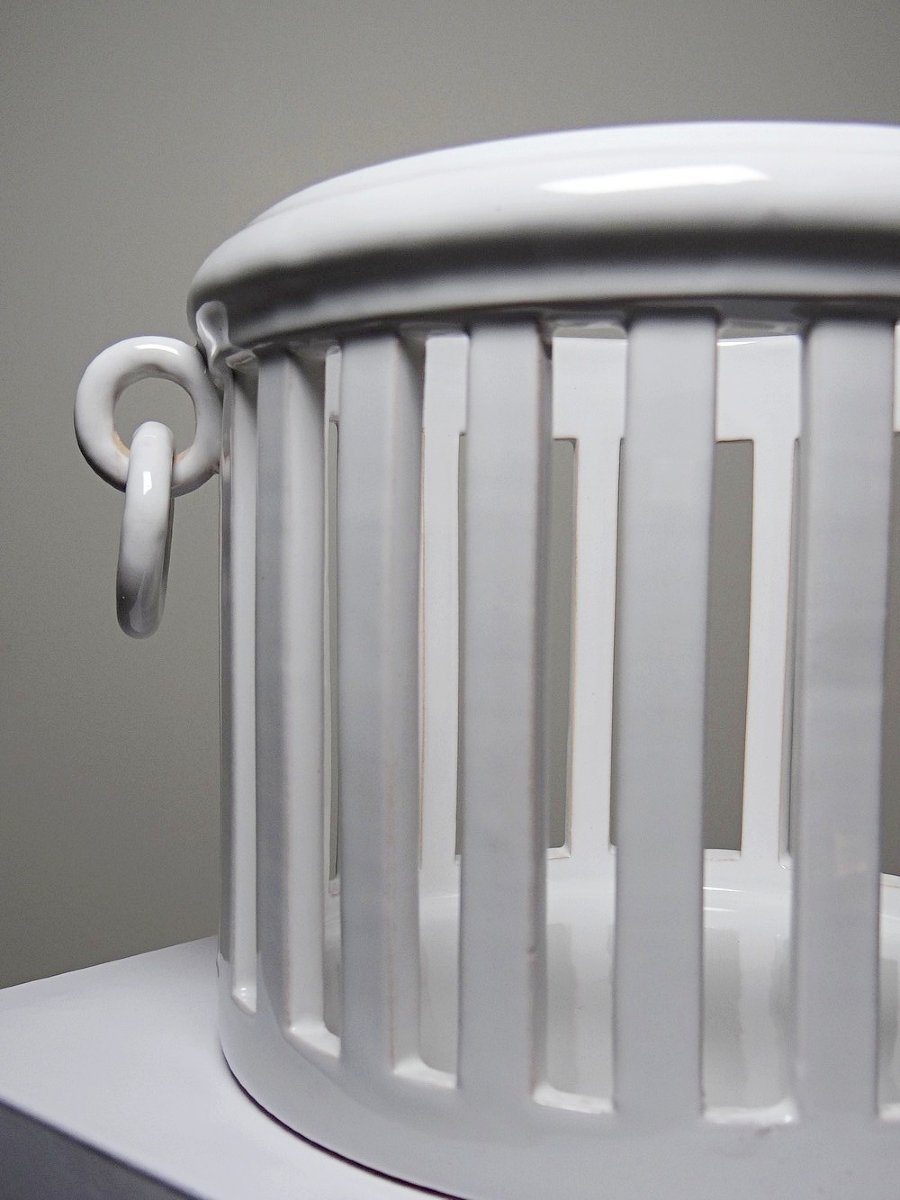 Malicorne Bourg-joly Emile Tessier Openwork White Earthenware Planter, 1960-photo-2