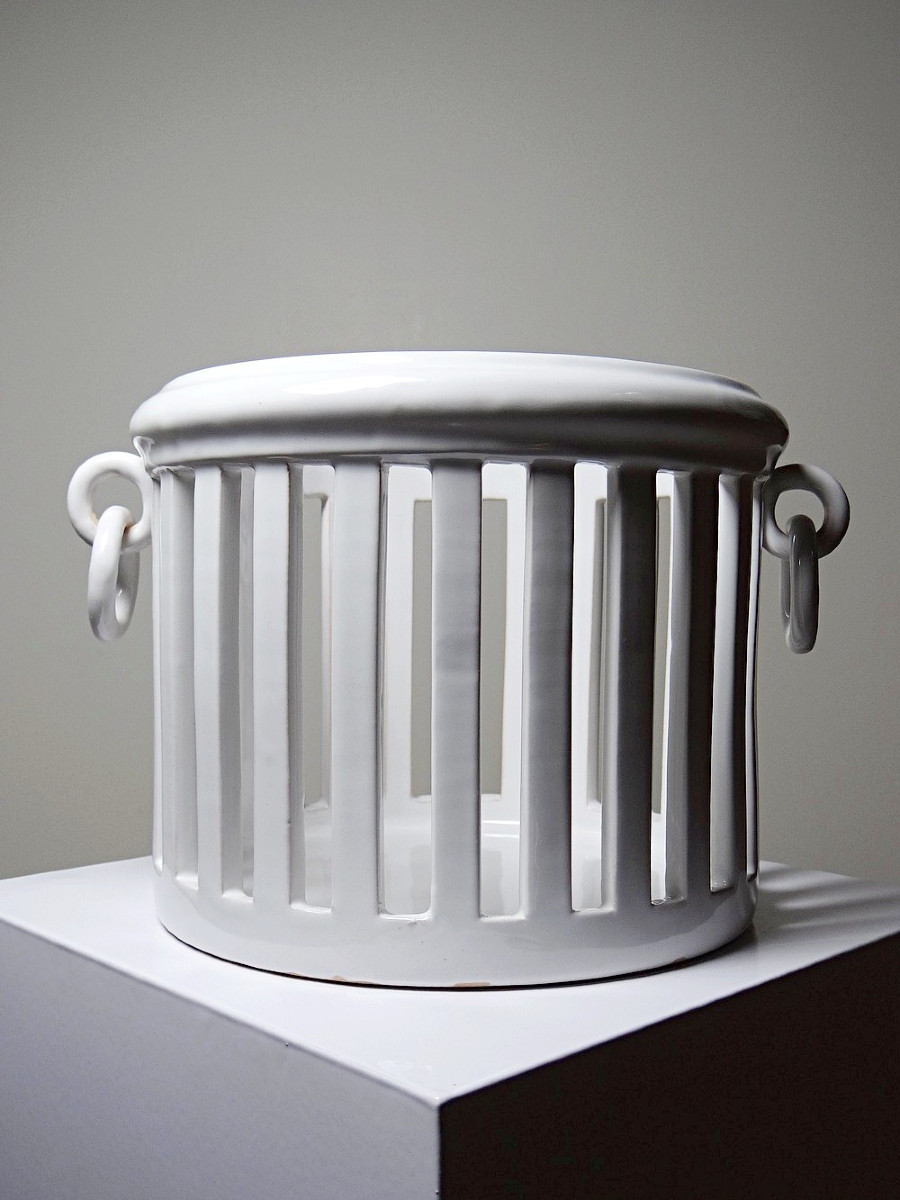 Malicorne Bourg-joly Emile Tessier Openwork White Earthenware Planter, 1960