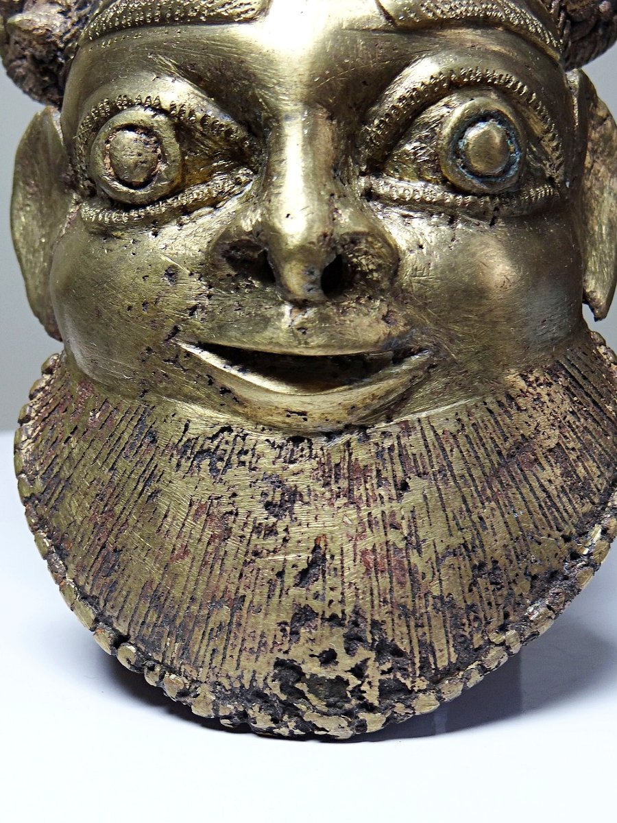 Petit masque d'Oba bronze doré Bamoun, Cameroun, vintage Afrique-photo-3