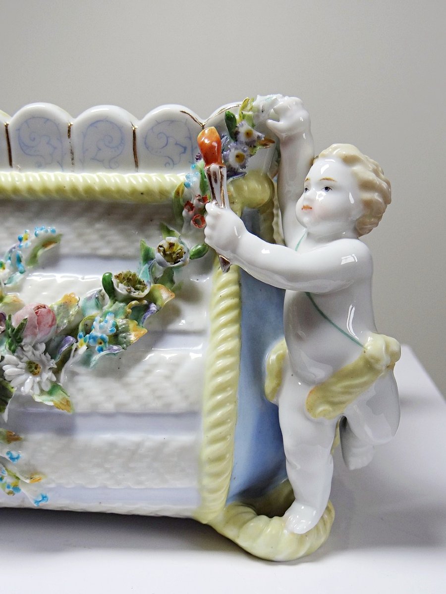 Small Antique German Porcelain Planter Putti 19th Century Meissen Style-photo-3