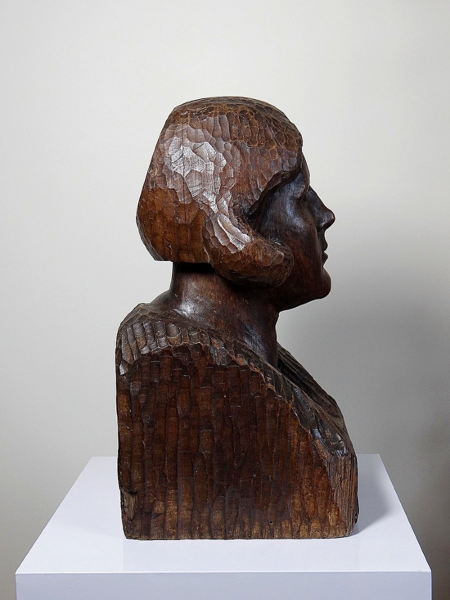Imposing Bust Of A Woman In Solid Wood, Carved With A Gouge, 19th Century-photo-1