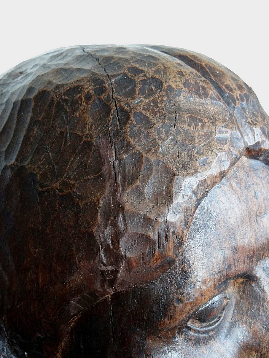 Imposing Bust Of A Woman In Solid Wood, Carved With A Gouge, 19th Century-photo-3