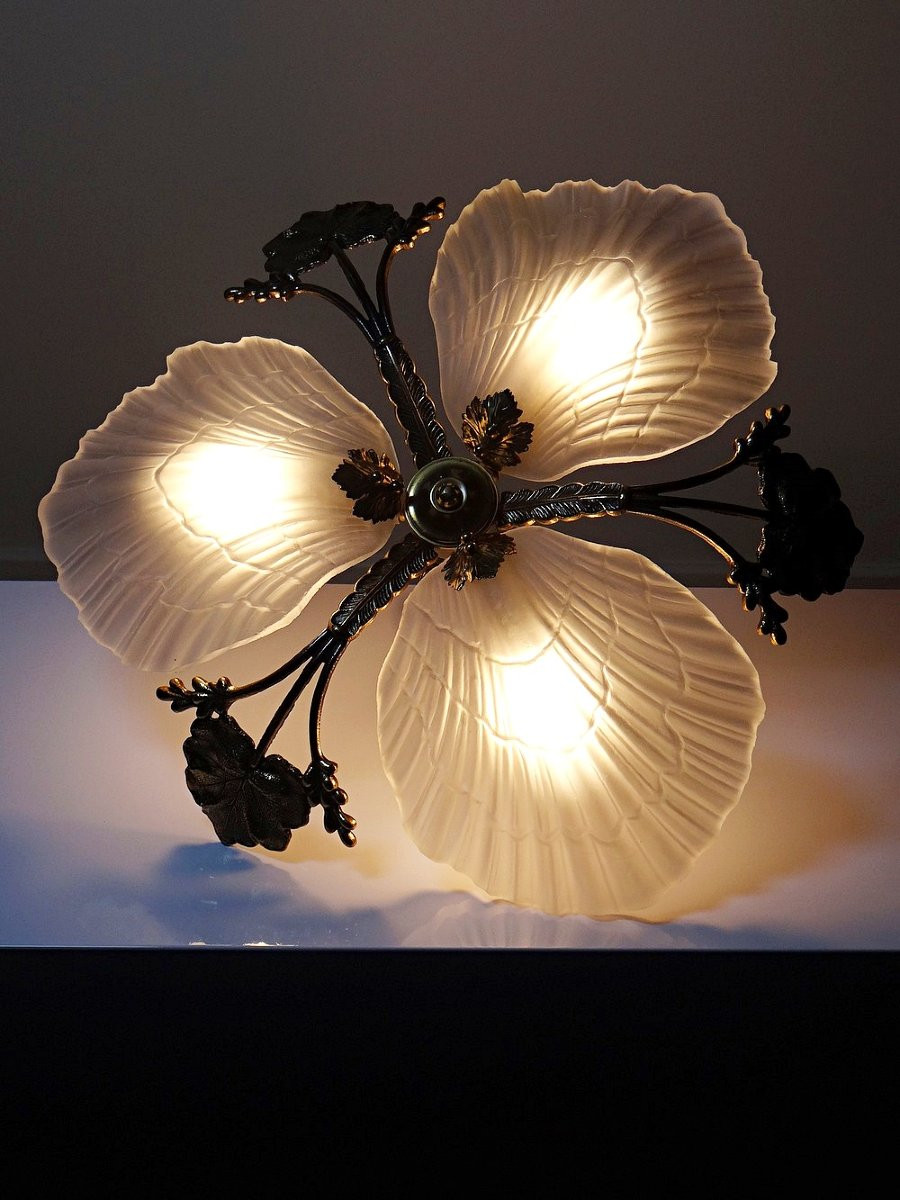 Vintage 1980s-90s Hollywood Regency Art Deco Bronze Mariner Seashell Chandelier-photo-4