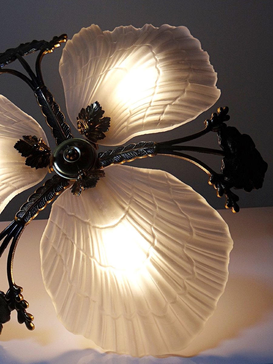 Vintage 1980s-90s Hollywood Regency Art Deco Bronze Mariner Seashell Chandelier-photo-4