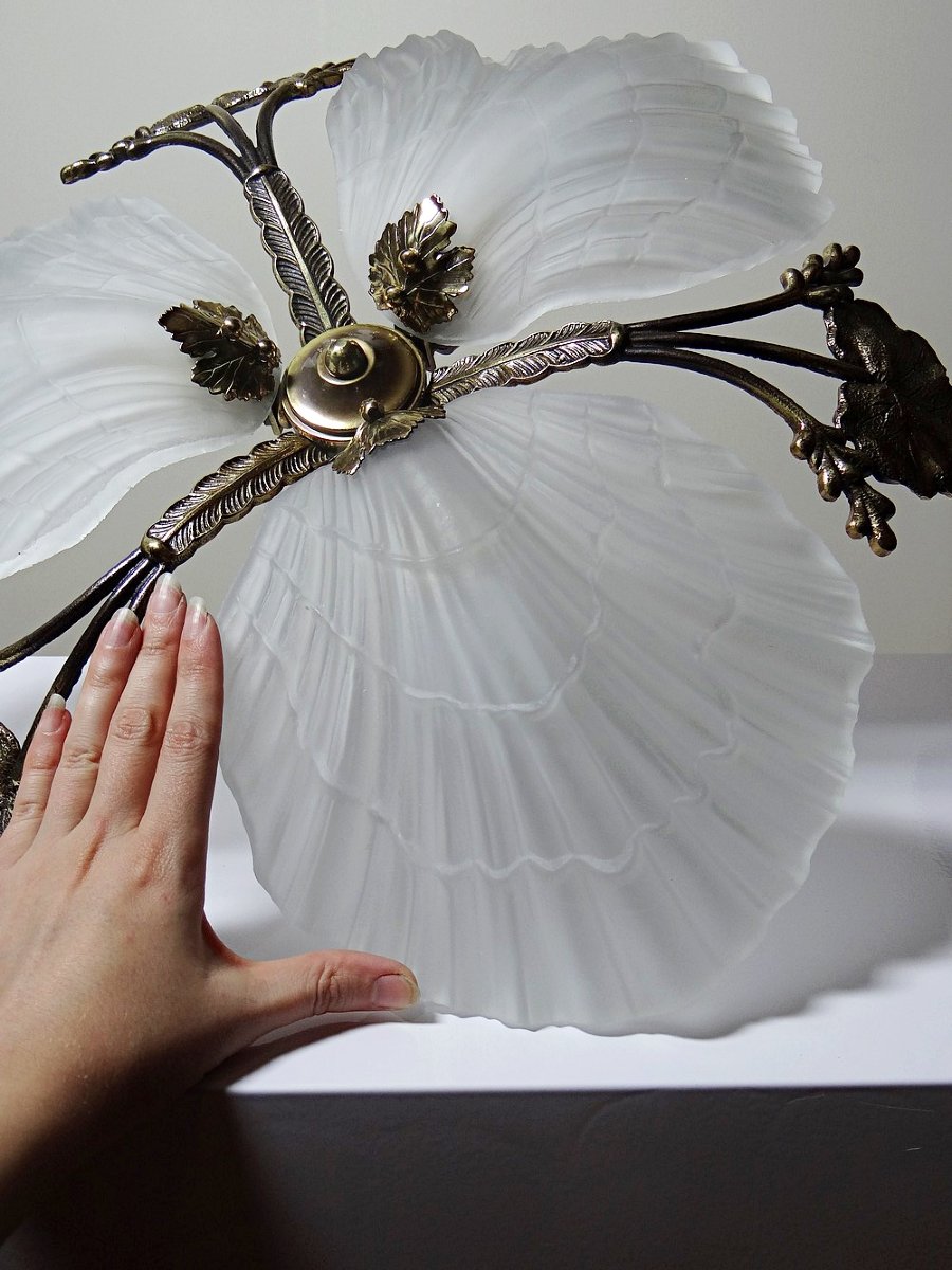 Vintage 1980s-90s Hollywood Regency Art Deco Bronze Mariner Seashell Chandelier-photo-5